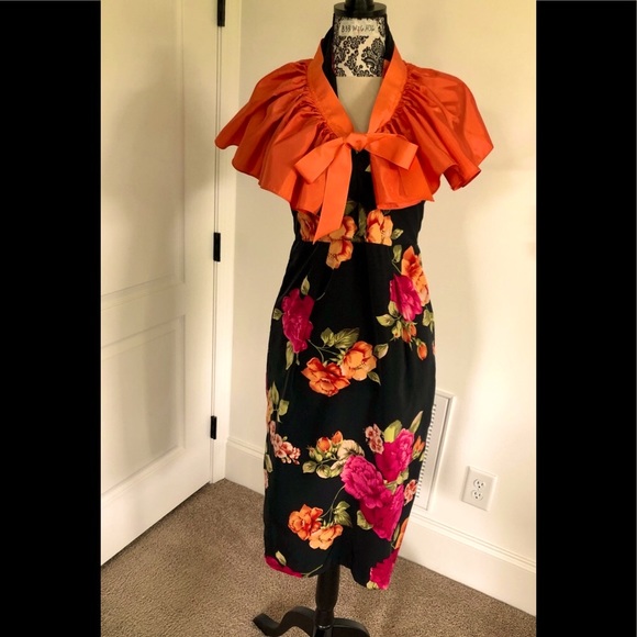 VTG 90's/50's Black bright lg. floral halter dress & Peplum apron size 4 petite - Picture 9 of 17